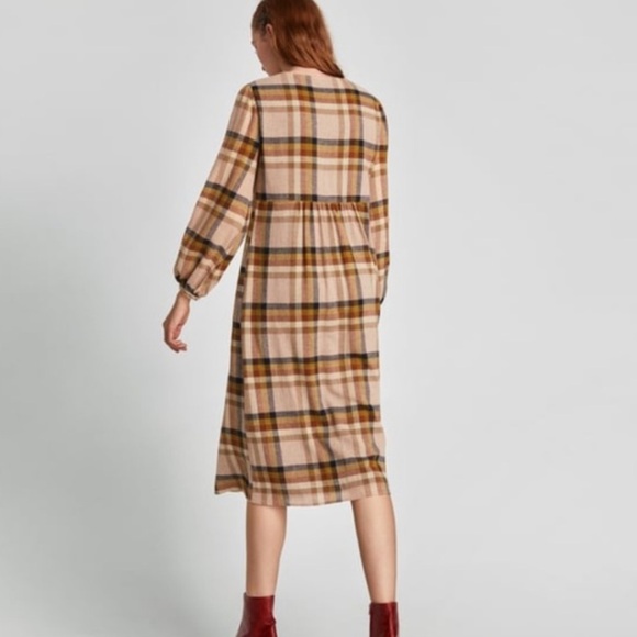 ZARA Check Tartan Plaid Print Pocket V-Neck Midi Dress Small Brown Blue - Picture 2 of 12